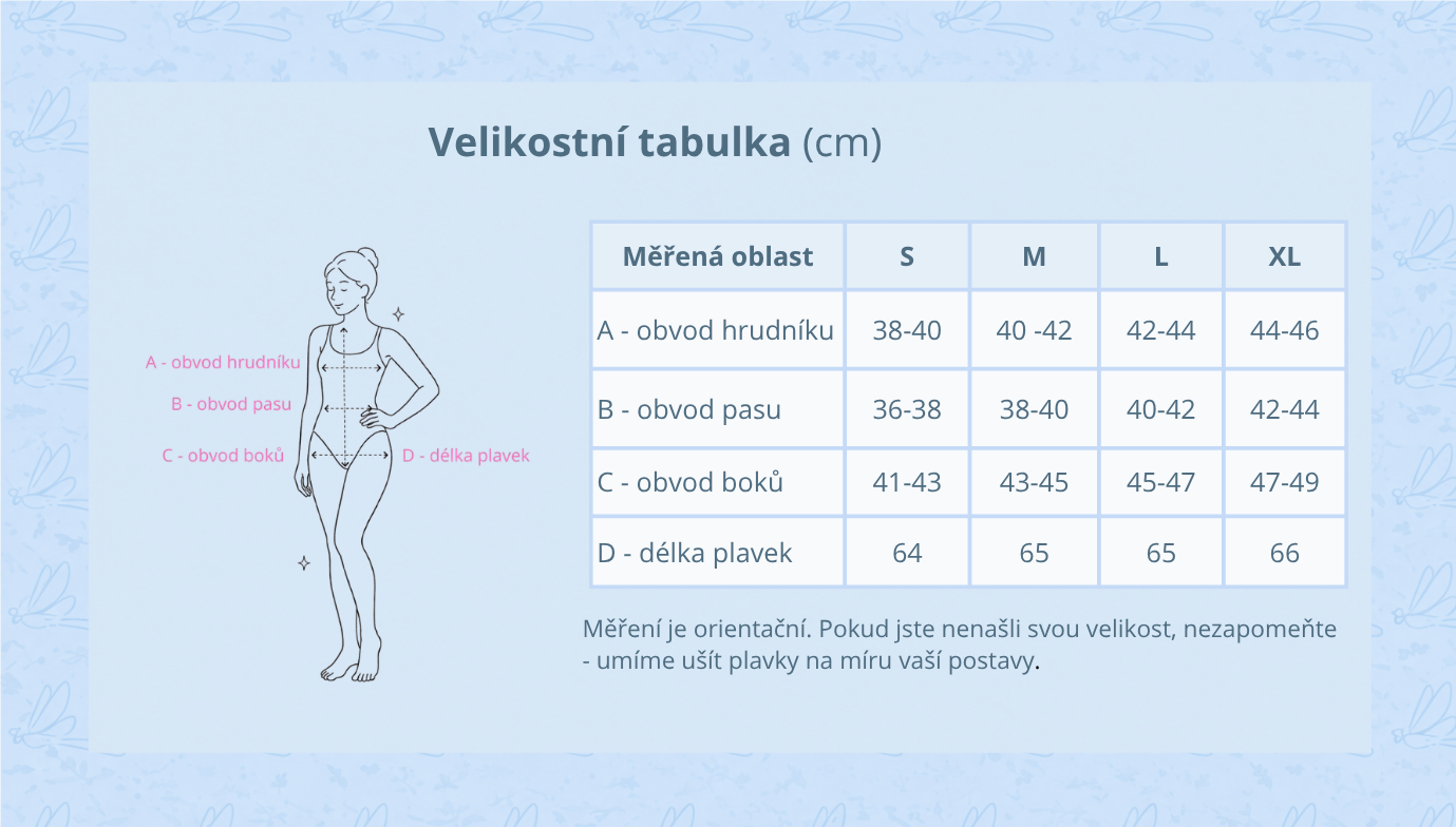 Dámské plavky bez rukávu - velikostní tabulka